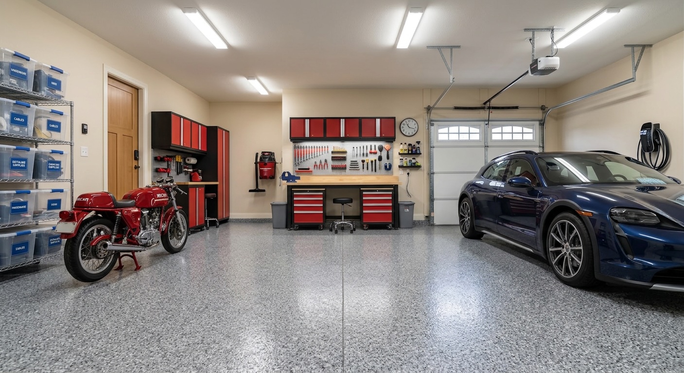 Epoxy garage floor coating with decorative flake chip system in St. George, Utah